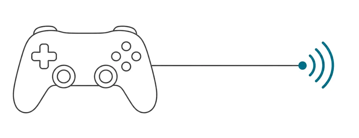 Controle de videogame ligado por uma linha a um símbolo de sinal sem fio